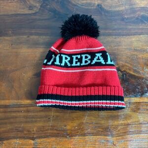 Fireball Cinnamon Whisky Beanie Red Black White Pom Pom Knit Winter Hat Mens OS